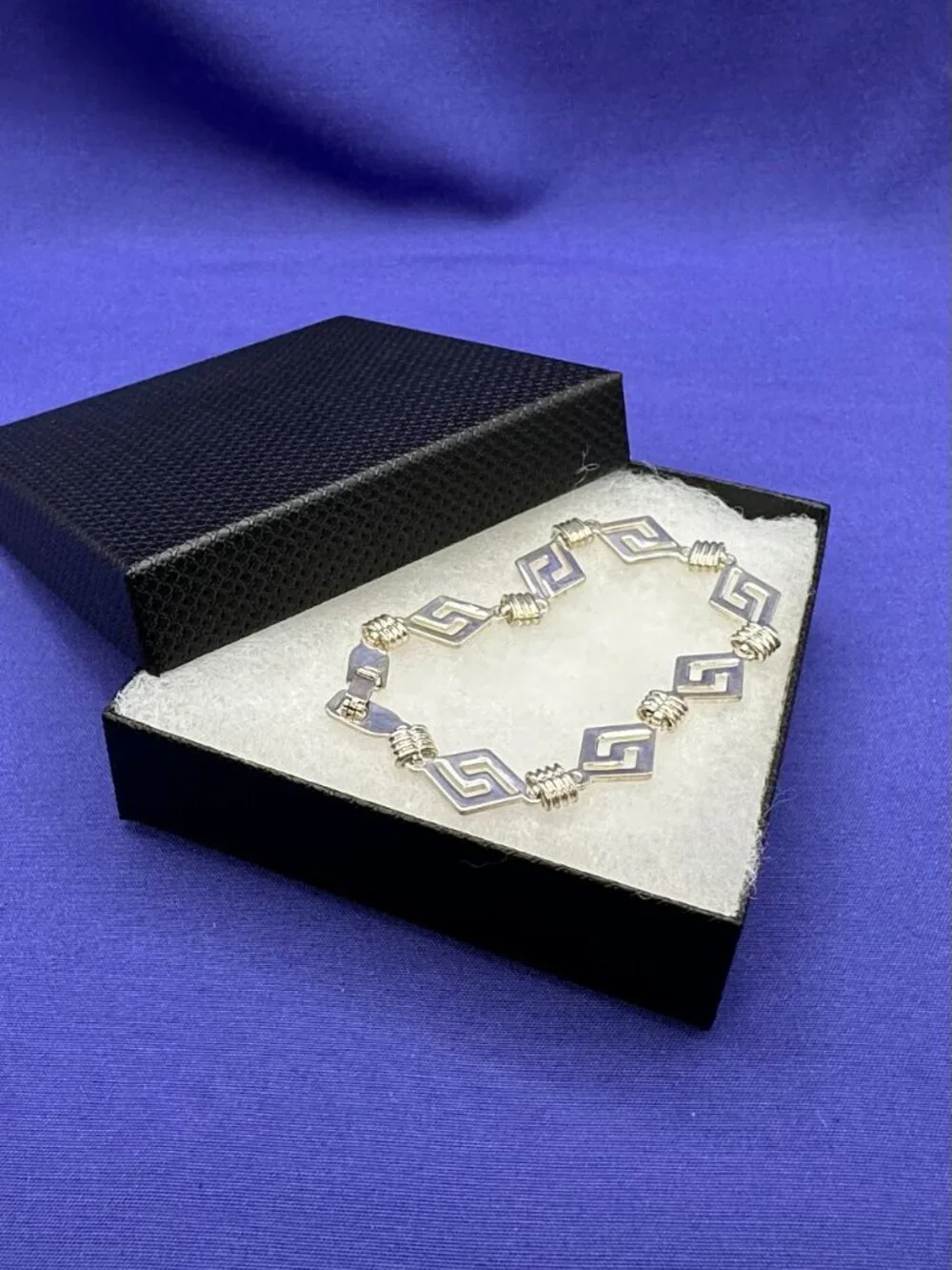 Sterling Silver Rhombus Greek Key Link Bracelet